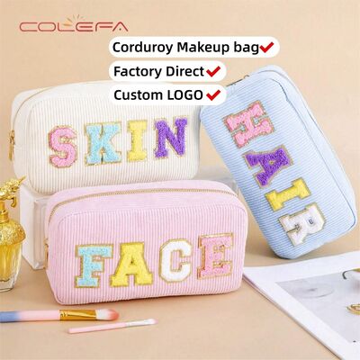 Customizable Embroidered Letter Storage Pouch Corduroy Made Cosmetic Bag Portable Toiletry Large Capacity Makeup Bags