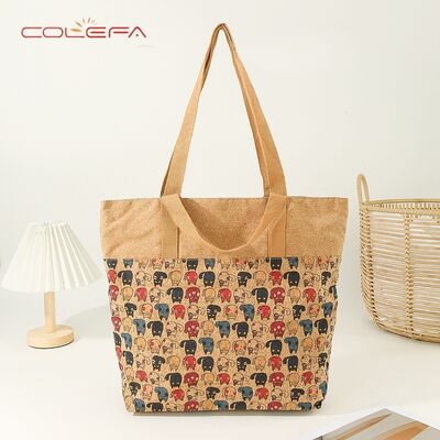 2026 New Trends European Cork Bark Shoulder Tote Bag with Ethnic-Style Printed Tote Bag Eco-Friendly with LOGO