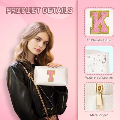 26 Embroidered Letter PU Leather Made Cosmetic Toiletry Bag Large Capacity Octagonal Travel Organizer Makeup Clutch