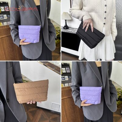 2026 Solid-Color Minimalist Nylon+Cotton-Filled Small Square Cosmetic Bag New Korean Style Fashionable Casual Bag Stylish Commuting Clutch