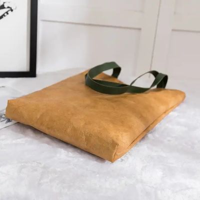Brown Tyvek Paper Washable Tote Bags Sustainable Bio Degradable With Leather Handle Strap