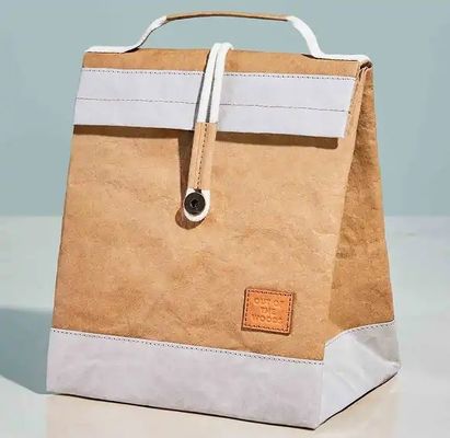 Washable Kraft Paper Insulated Cooler Lunch Bag Brown Grey Colored Reusable With Handle