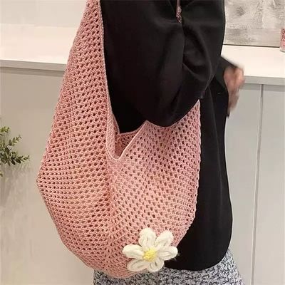 Korean Style 2026 New Arrival Vacation Knit Bag Women's Shoulder Tote Bag Lazy Style Knit Openwork Floral Decoration Beach Bag