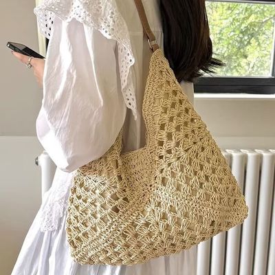 Customizable New Crocheted khaki Beach Bag for Vacation Beach-Ready Straw Tote Versatile Single Shoulder Crochet Bags