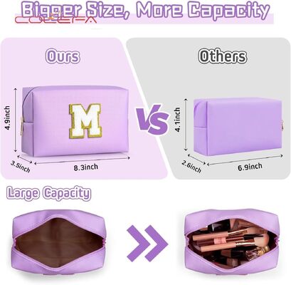 26 Embroidered Letter PU Leather Made Cosmetic Toiletry Bag Large Capacity Octagonal Travel Organizer Makeup Clutch