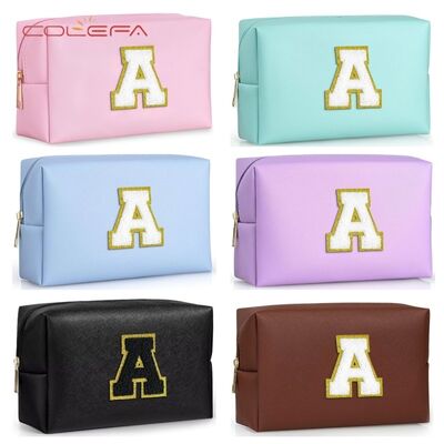 26 Embroidered Letter PU Leather Made Cosmetic Toiletry Bag Large Capacity Octagonal Travel Organizer Makeup Clutch